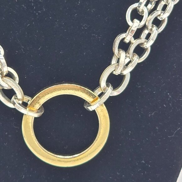 Napier Multi Tone Heavy Link Double Chain 16" Necklace w/ Gold Circle Pendant - Picture 3 of 7